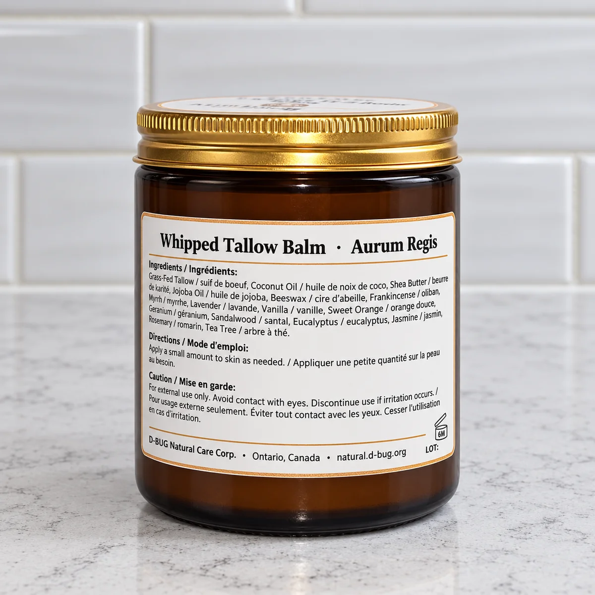 D-BUG Natural Care Whipped Tallow Balm 120g Aurum Regis amber glass jar with gold lid and bilingual - back view
