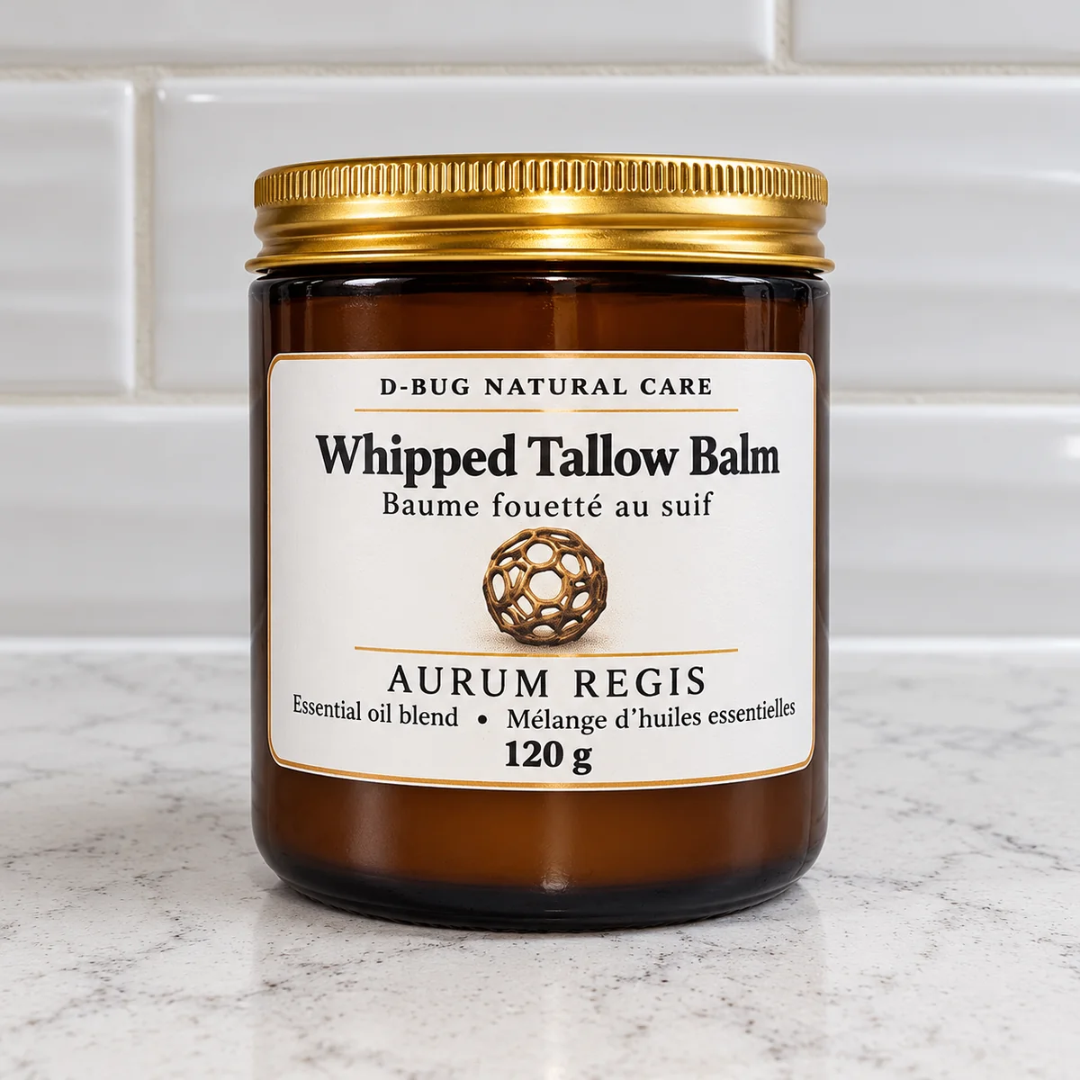 D-BUG Natural Care Whipped Tallow Balm 120g Aurum Regis amber glass jar with gold lid and bilingual - front view