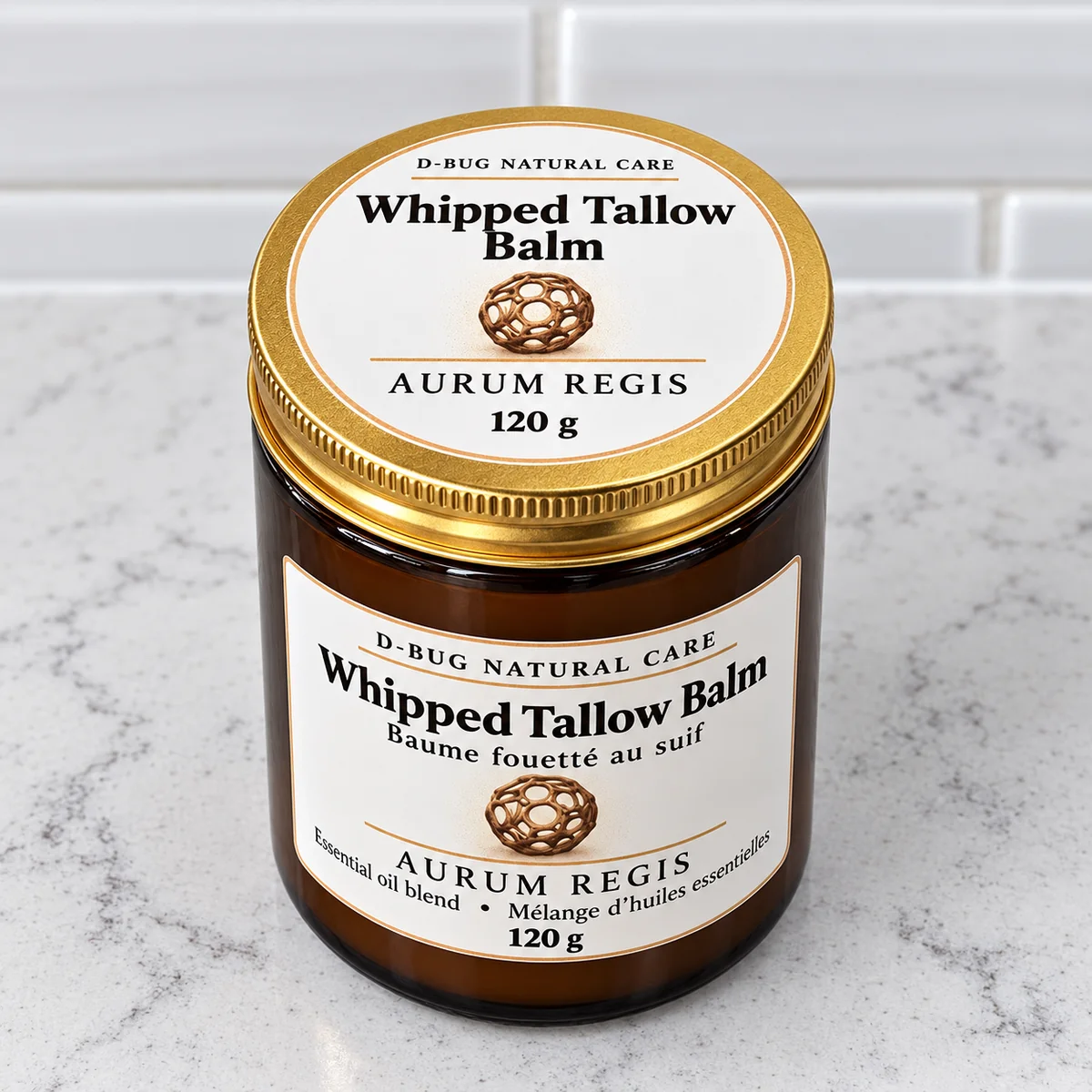 D-BUG Natural Care Whipped Tallow Balm 120g Aurum Regis amber glass jar with gold lid and bilingual - top view