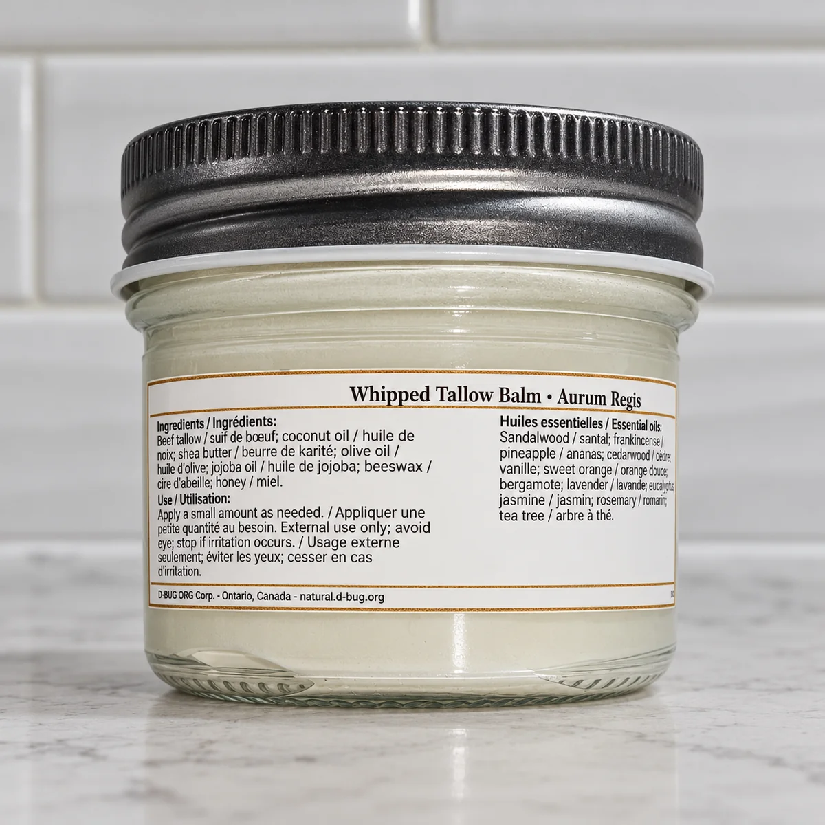 D-BUG Natural Care Whipped Tallow Balm 60g Aurum Regis glass jar with silver lid and bilingual - back view
