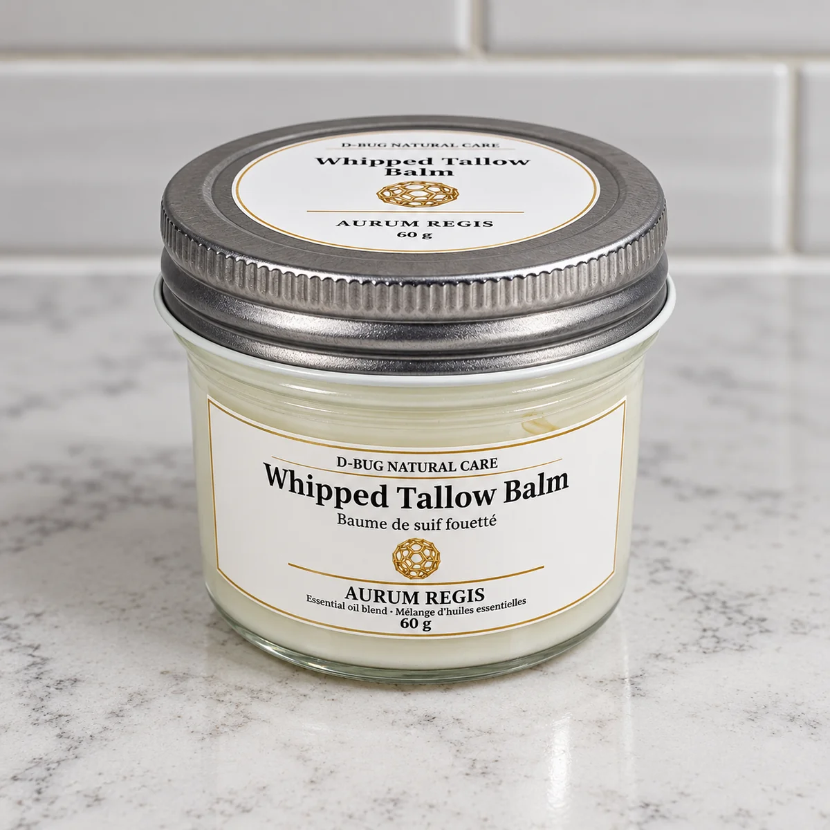 D-BUG Natural Care Whipped Tallow Balm 60g Aurum Regis glass jar with silver lid and bilingual - front view