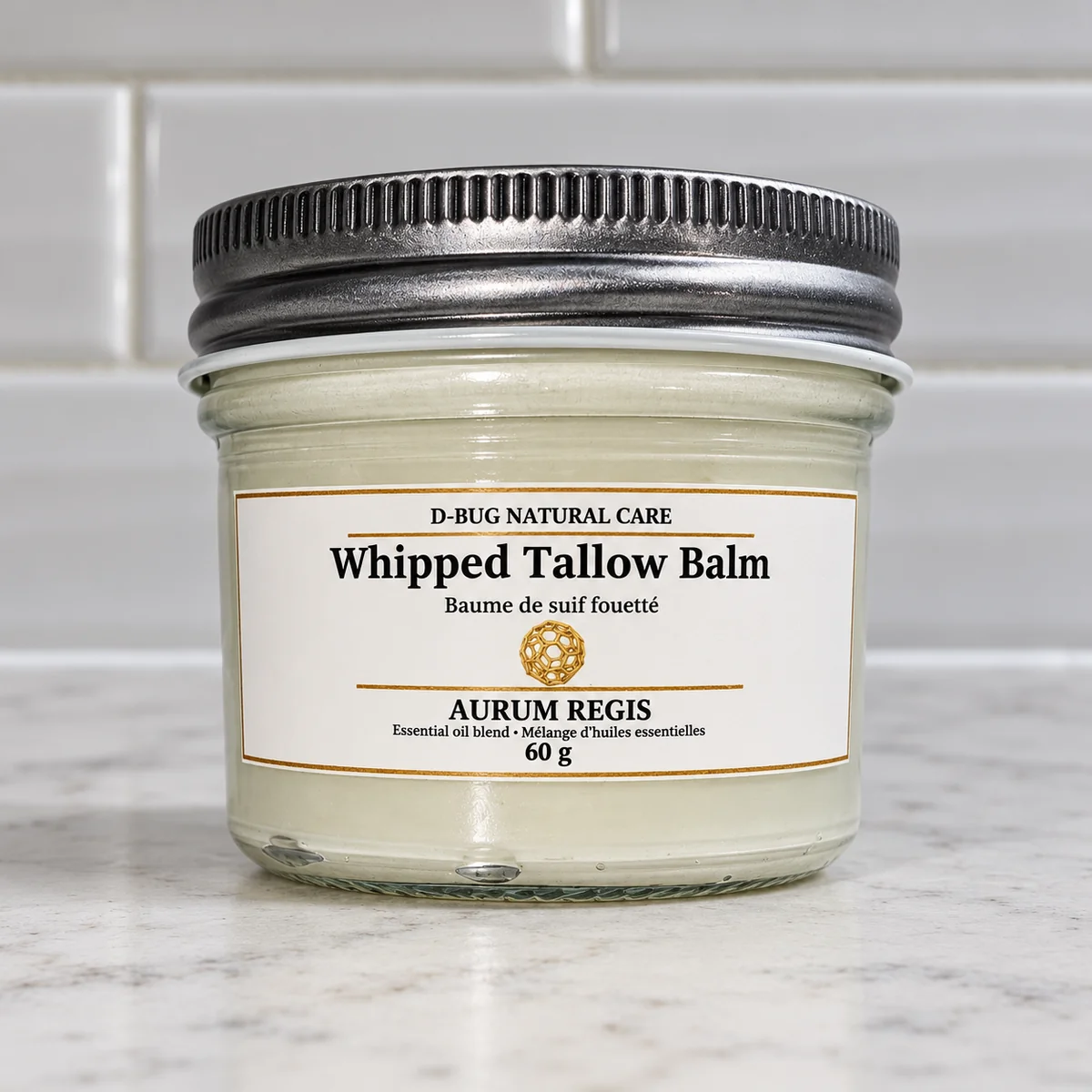 D-BUG Natural Care Whipped Tallow Balm 60g Aurum Regis glass jar with silver lid and bilingual - front view