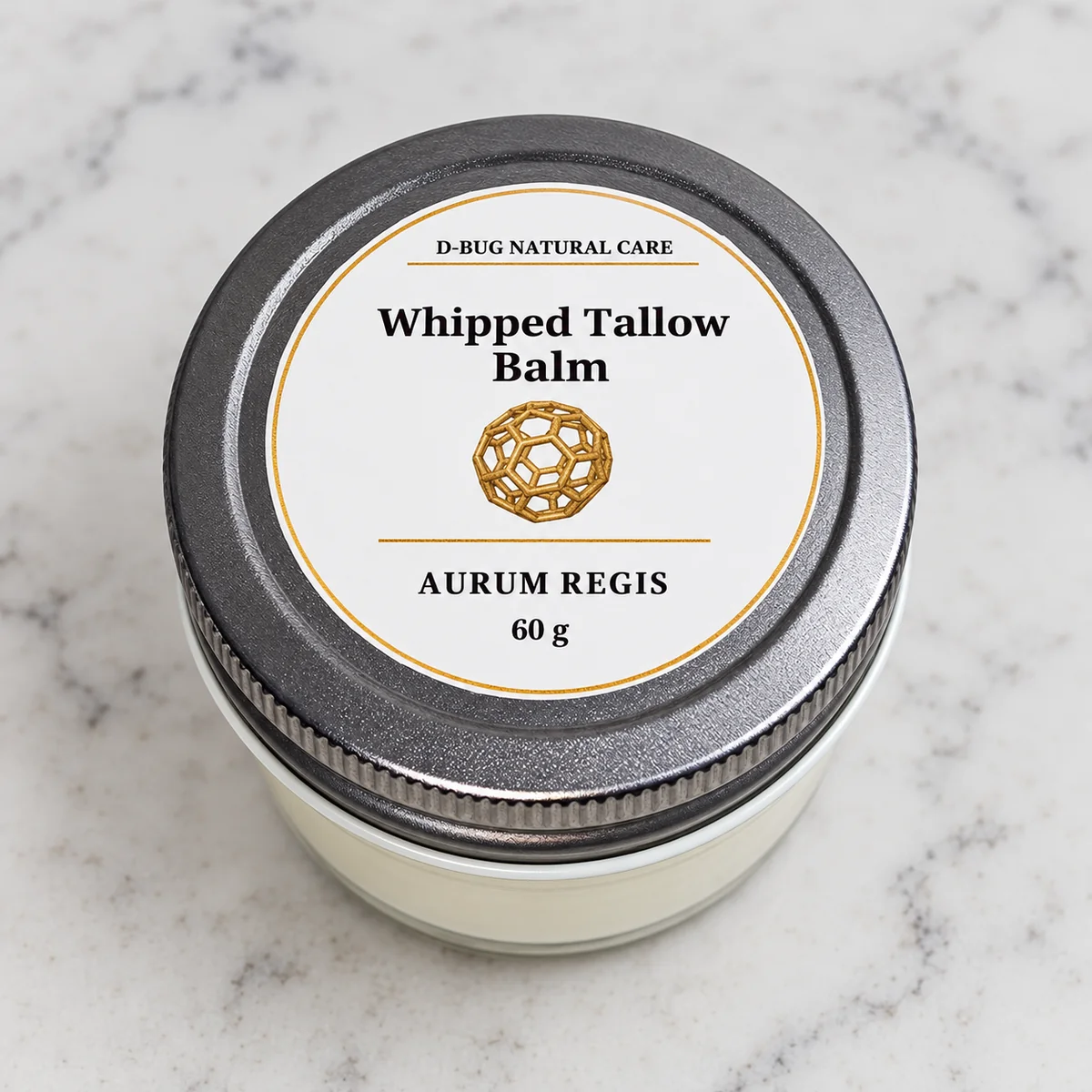 D-BUG Natural Care Whipped Tallow Balm 60g Aurum Regis glass jar with silver lid and bilingual - top view