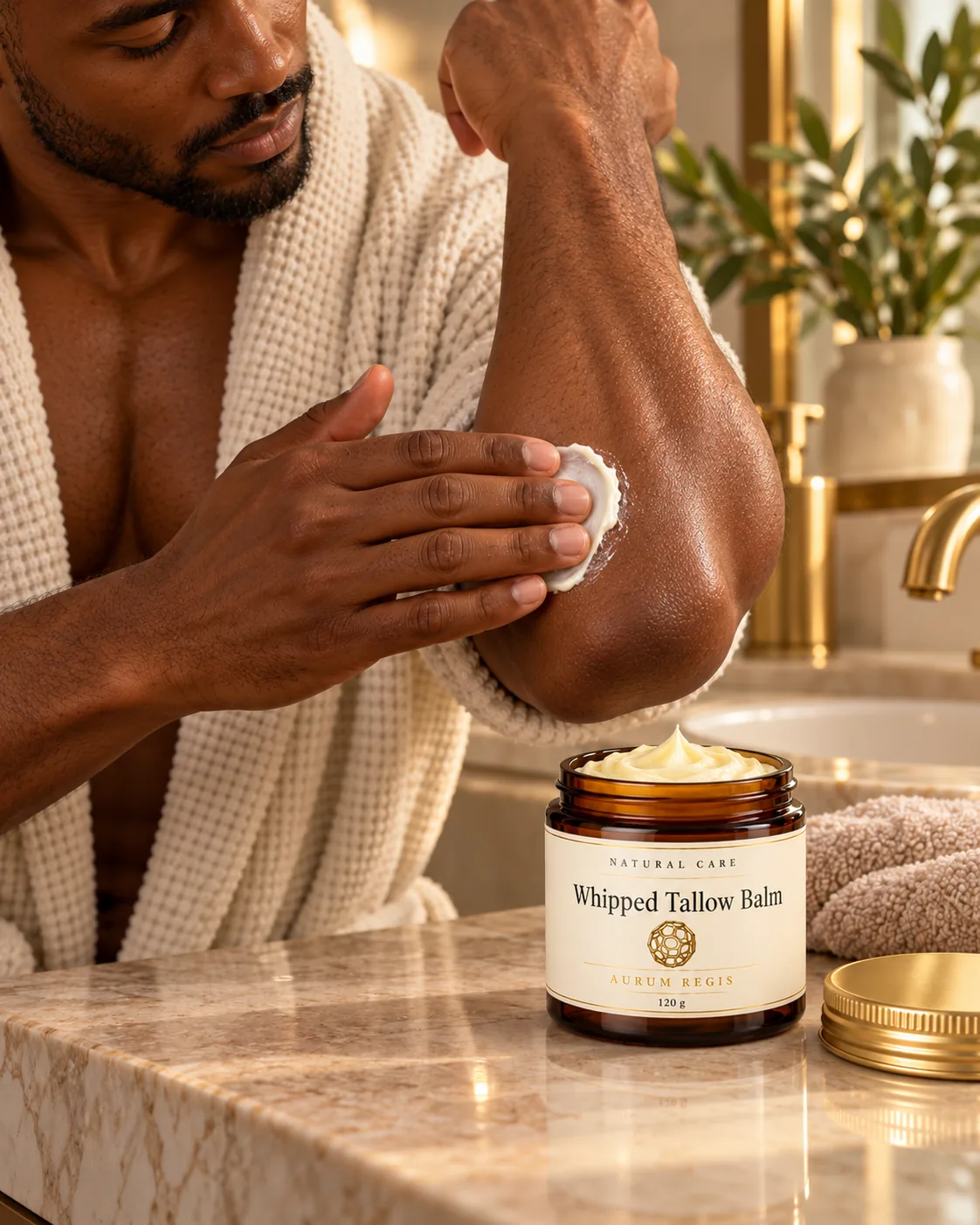 Man applying Whipped Tallow Balm to his elbow